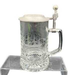Vintage Old Spice Glass Beer Stein Pewter Lid Etched Sailboat By ALWE W-Germany